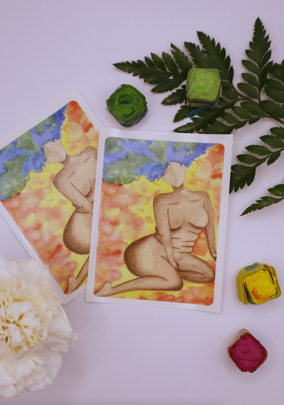 Black girl with planet earth as her afro laying on her side with beautiful belly rolls, background is an abstract sunset with orange and yellow patches