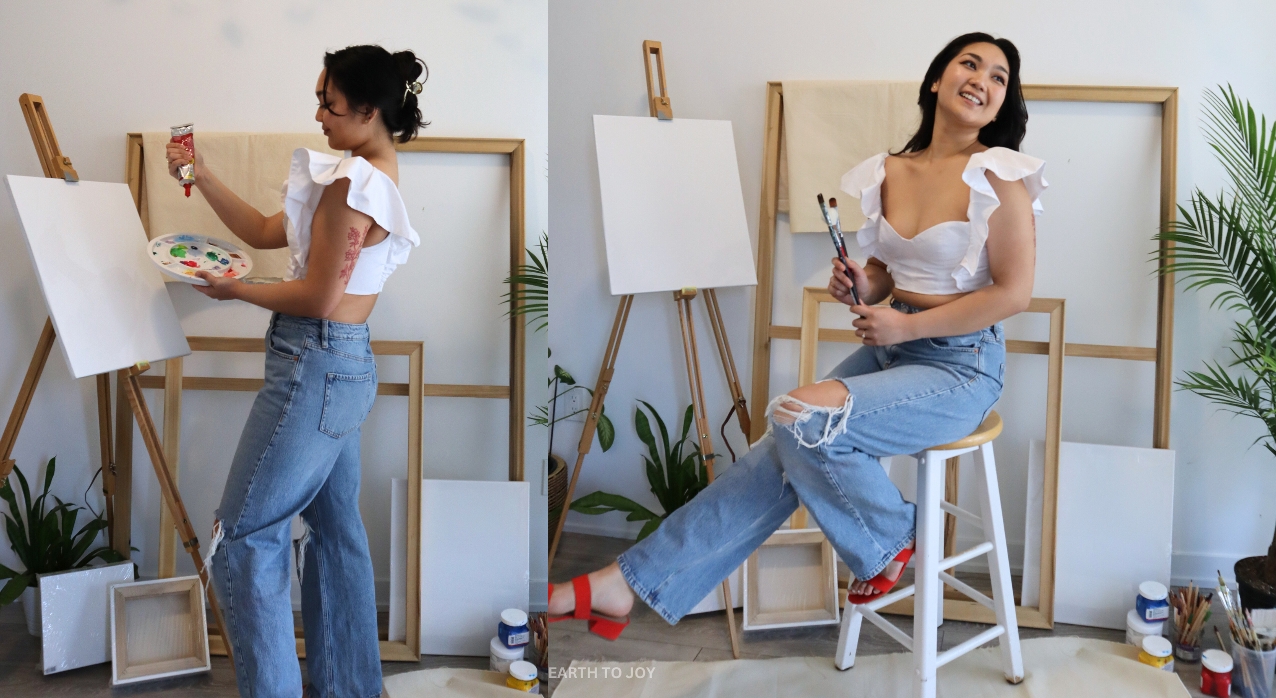 filipino asian girl in front of a blank painting canvas with acrylic paints everywhere, filipino artist is wearing a white top and ripped blue denim jeans with a happy smile holding paint brushes 