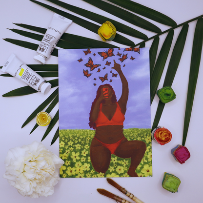 Metamorphosis with Black Girl in a bikini with a phone in her face, holding up the middle finger where monarch butterflies are surrounding her head, she has long red heair and has a blue sky and yellow flowers areound